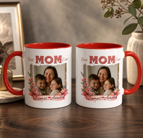 Best Mom Ever Floral Photo Accent Mug – Personalized Photo Gift for Mom, 8 Colors