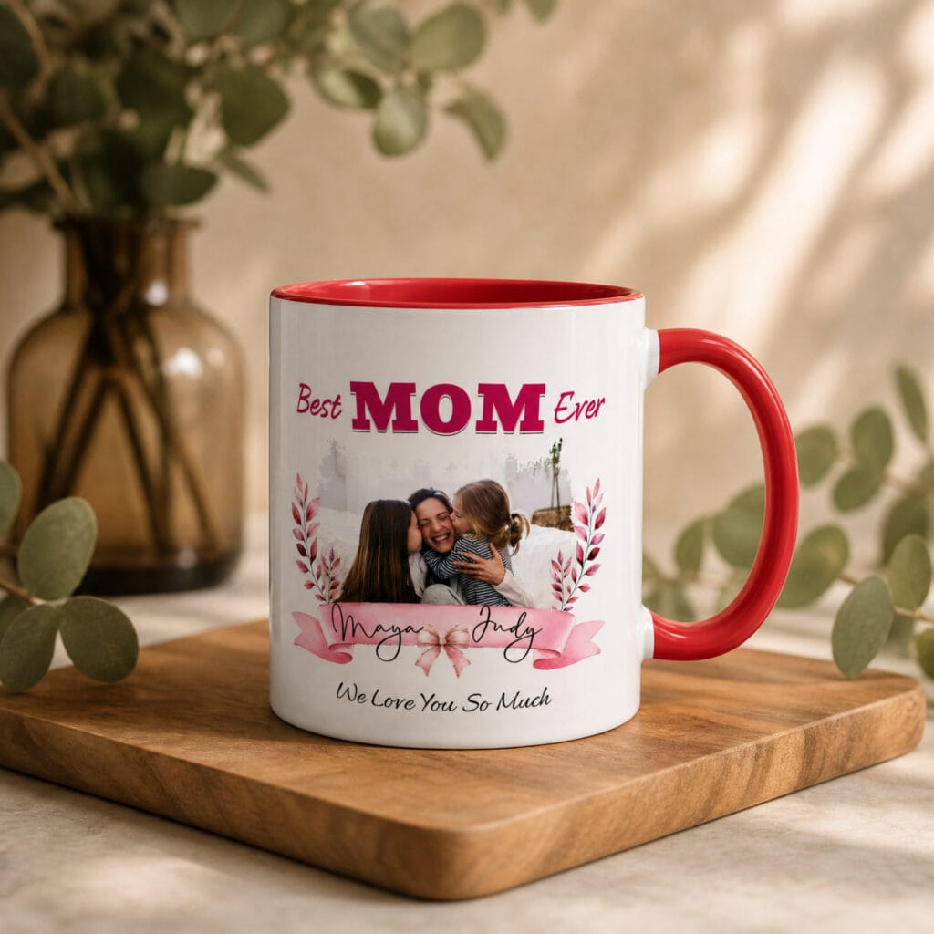 Best Mom Ever Photo Ribbon Accent Mug – Personalized Photo Gift for Mom, 8 Colors
