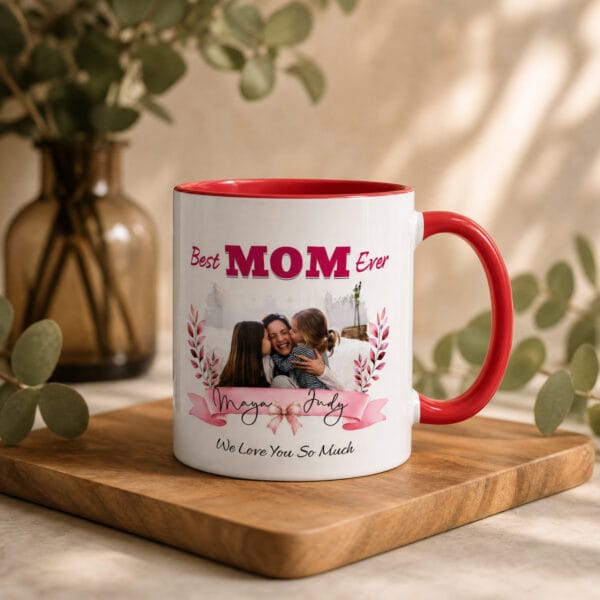 Best Mom Ever Photo Ribbon Accent Mug – Personalized Photo Gift for Mom, 8 Colors