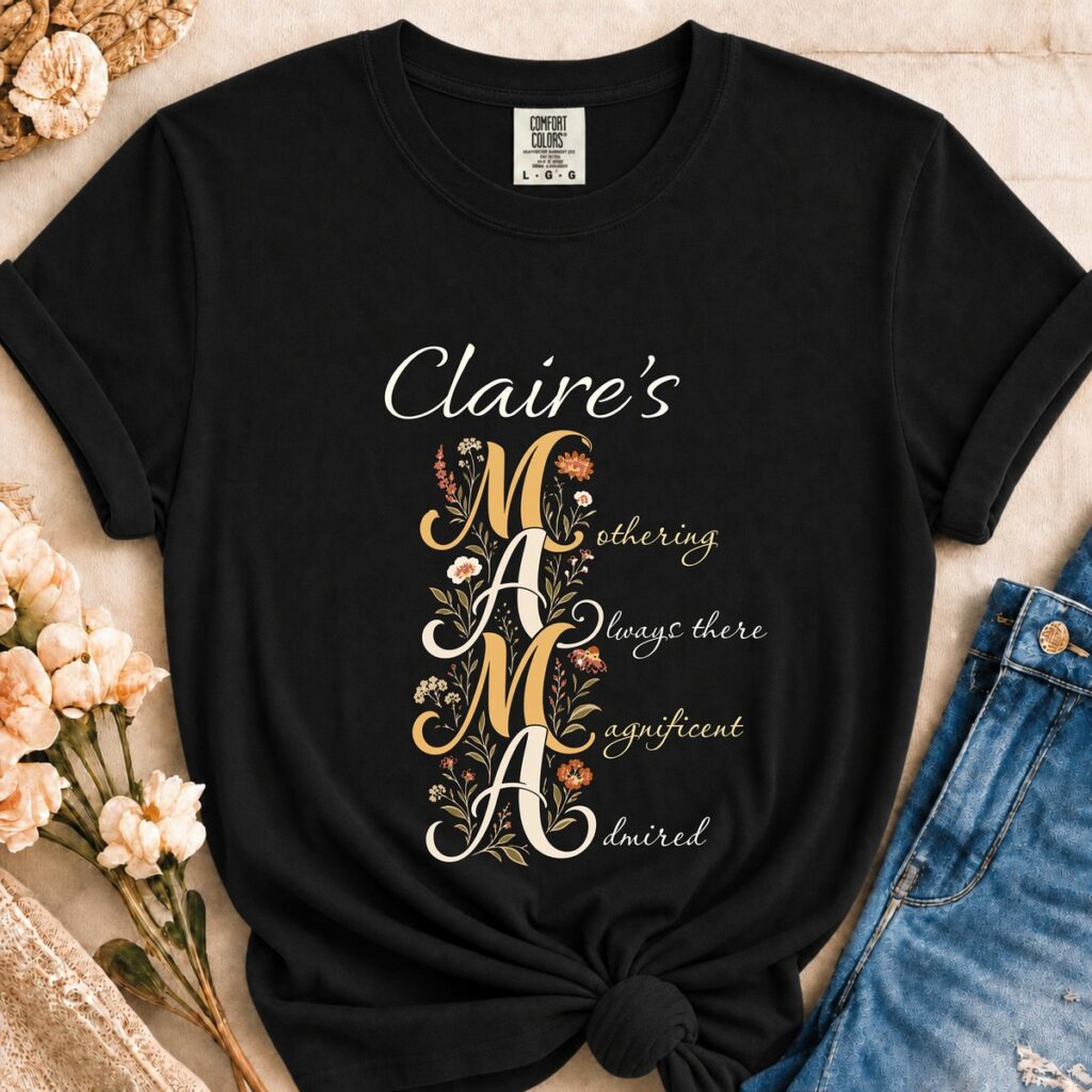 Personalized Mama Floral Monogram Heavyweight T-Shirt | Custom Name Comfort Colors Tee