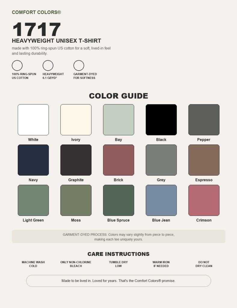 Color Guide for Personalized Super Dad Heavyweight T-Shirt | Custom Est. Year Comic Comfort Colors Tee