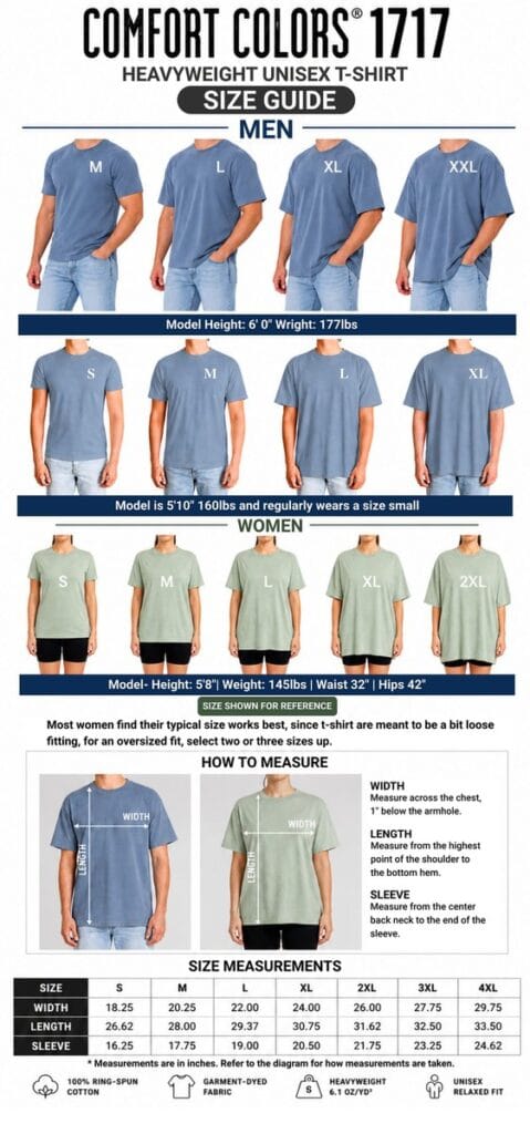 Size Guide for Personalized Super Dad Heavyweight T-Shirt | Custom Est. Year Comic Comfort Colors Tee
