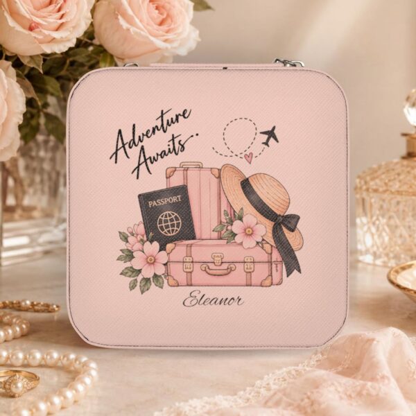 Travel Jewelry Case — Compact Pink Organizer (‘Adventure Awaits’ Design)