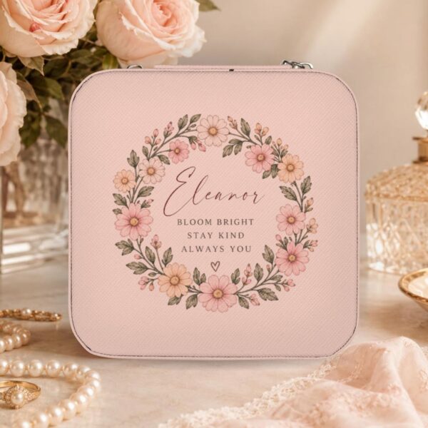 Personalized Travel Jewelry Case — 'Bloom Bright' Floral Gift with Custom Name