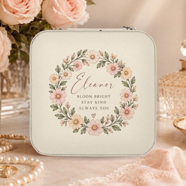 Personalized Travel Jewelry Case — 'Bloom Bright' Floral Gift with Custom Name