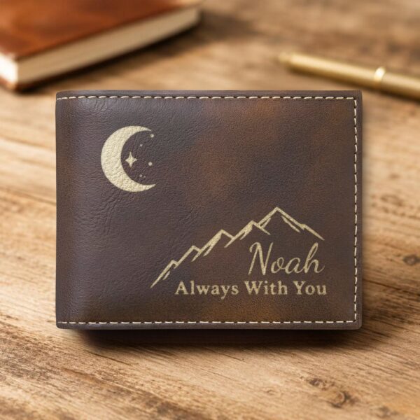 Personalized Bi-Fold Wallet – Moon & Mountain Gift for Him
