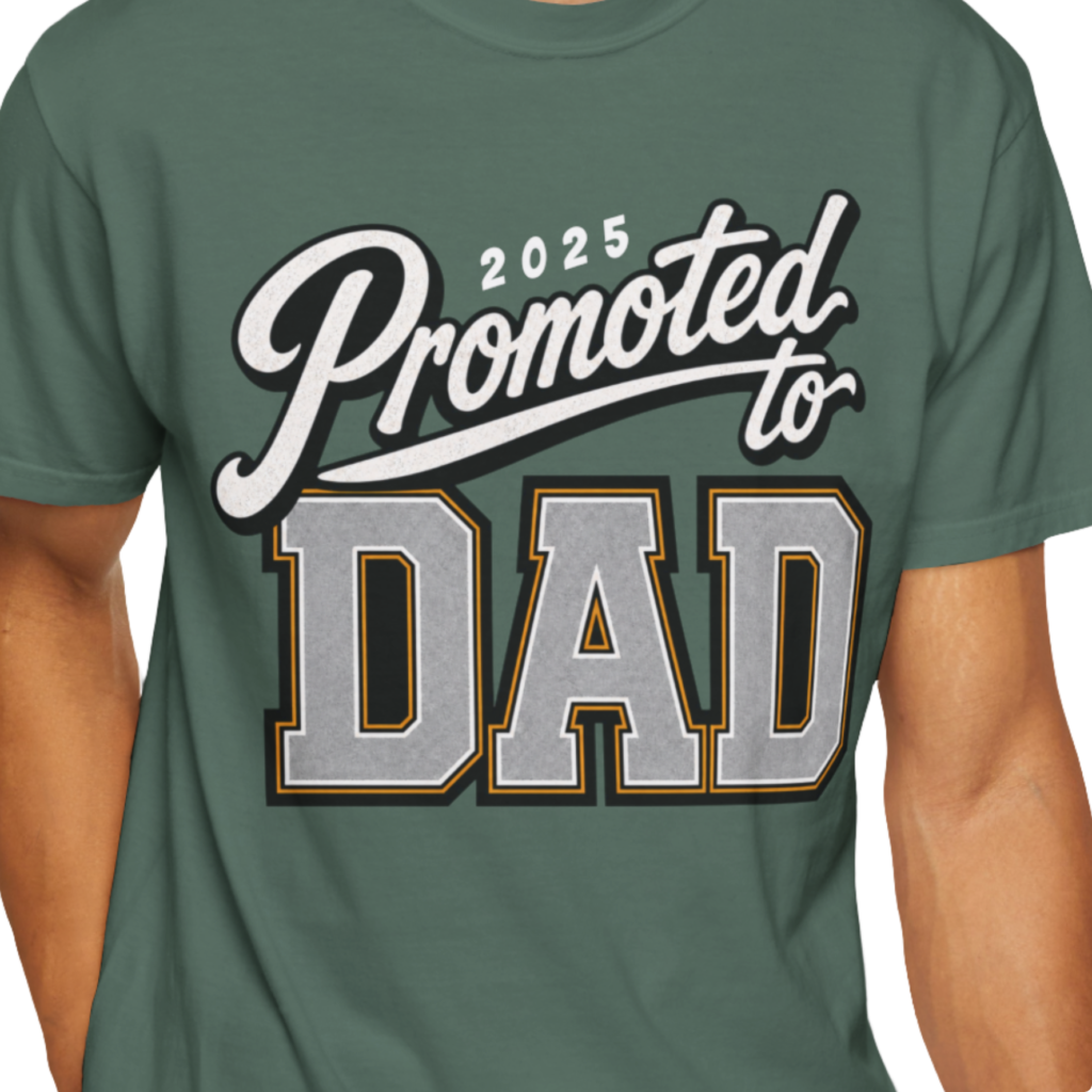 Personalized Promoted to Dad Heavyweight T-Shirt | Custom Year Varsity Comfort Colors Tee