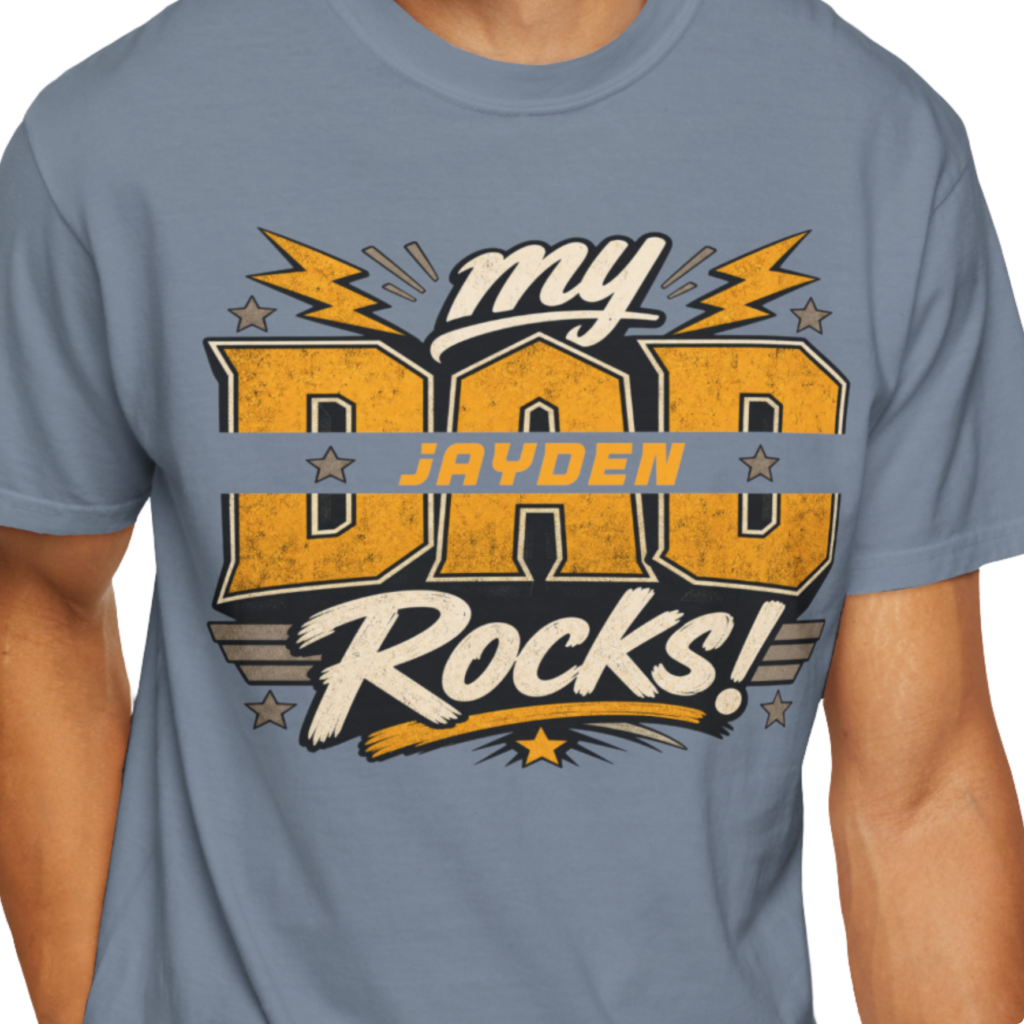 Personalized My Dad Rocks Heavyweight T-Shirt | Custom Name Varsity Comfort Colors Tee