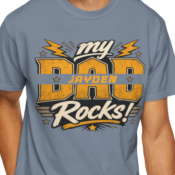Personalized My Dad Rocks Heavyweight T-Shirt | Custom Name Varsity Comfort Colors Tee