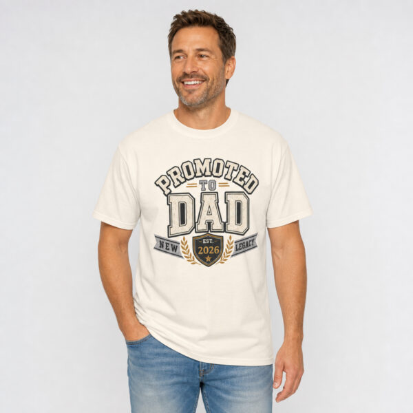 Personalized Promoted to Dad Heavyweight T-Shirt | Custom Est. Year Collegiate Comfort Colors Tee