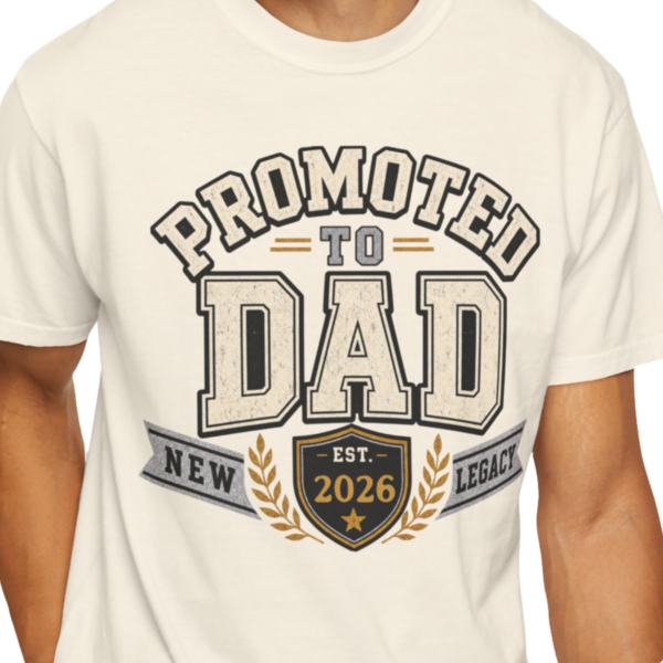 Personalized Promoted to Dad Heavyweight T-Shirt | Custom Est. Year Collegiate Comfort Colors Tee
