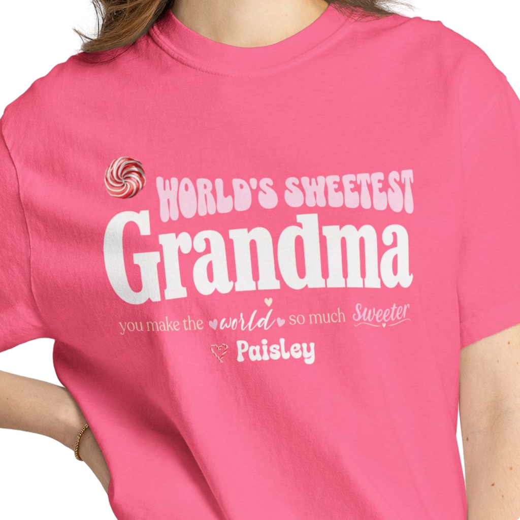 Personalized World's Sweetest Grandma Heavyweight T-Shirt | Custom Name Comfort Colors Tee